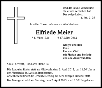 Anzeige von Elfriede Meier von Kölner Stadt-Anzeiger / Kölnische Rundschau / Express