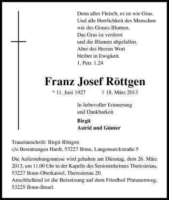 Anzeige von Franz Josef Röttgen von Kölner Stadt-Anzeiger / Kölnische Rundschau / Express