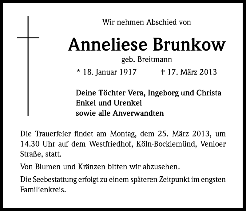  Traueranzeige für Anneliese Brunkow vom 23.03.2013 aus Kölner Stadt-Anzeiger / Kölnische Rundschau / Express