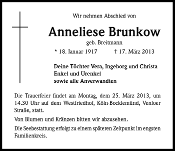 Anzeige von Anneliese Brunkow von Kölner Stadt-Anzeiger / Kölnische Rundschau / Express