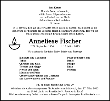 Anzeige von Anneliese Fischer von Kölner Stadt-Anzeiger / Kölnische Rundschau / Express