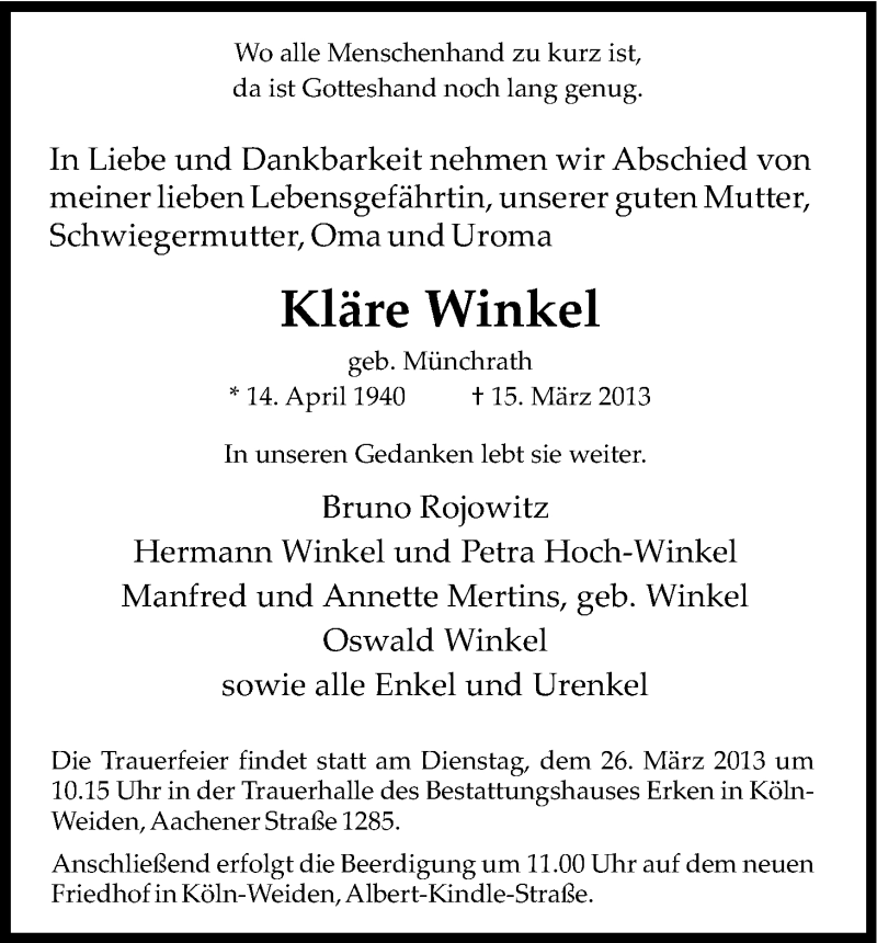  Traueranzeige für Kläre Winkel vom 23.03.2013 aus Kölner Stadt-Anzeiger / Kölnische Rundschau / Express