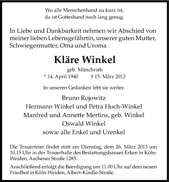 Anzeige von Kläre Winkel von Kölner Stadt-Anzeiger / Kölnische Rundschau / Express