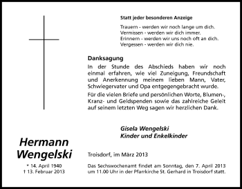 Anzeige von Hermann Wengelski von Kölner Stadt-Anzeiger / Kölnische Rundschau / Express