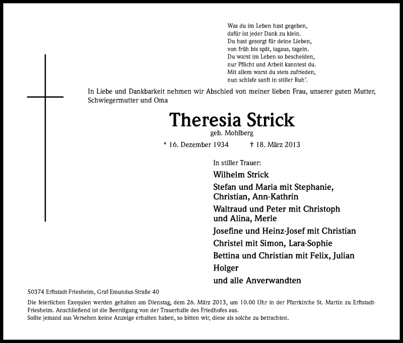  Traueranzeige für Theresia Strick vom 21.03.2013 aus Kölner Stadt-Anzeiger / Kölnische Rundschau / Express