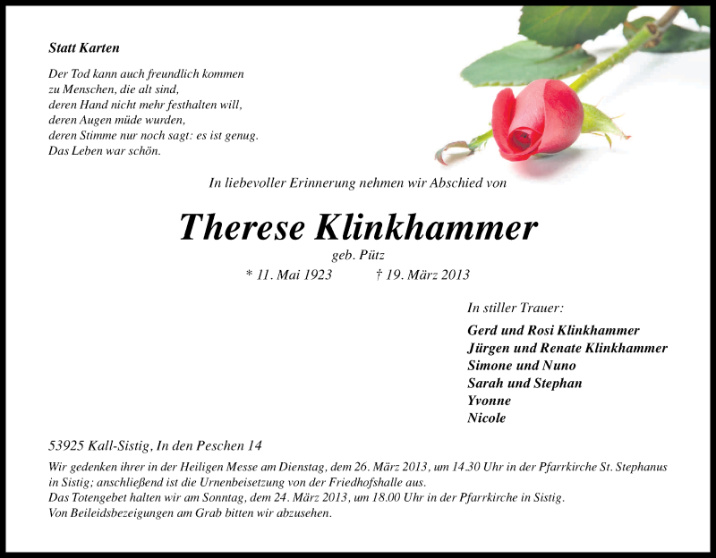  Traueranzeige für Therese Klinkhammer vom 21.03.2013 aus Kölner Stadt-Anzeiger / Kölnische Rundschau / Express