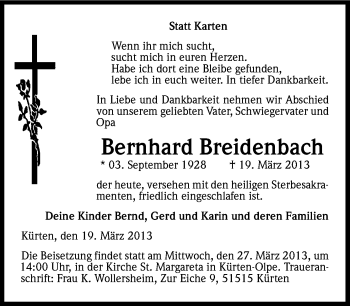 Anzeige von Bernhard Breidenbach von Kölner Stadt-Anzeiger / Kölnische Rundschau / Express