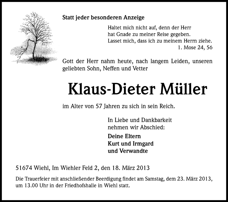  Traueranzeige für Klaus-Dieter Müller vom 21.03.2013 aus Kölner Stadt-Anzeiger / Kölnische Rundschau / Express