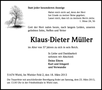 Anzeige von Klaus-Dieter Müller von Kölner Stadt-Anzeiger / Kölnische Rundschau / Express