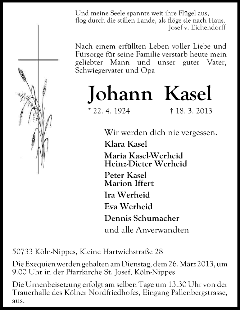  Traueranzeige für Johann Kasel vom 22.03.2013 aus Kölner Stadt-Anzeiger / Kölnische Rundschau / Express