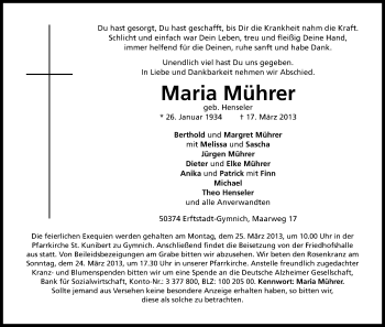 Anzeige von Maria Mührer von Kölner Stadt-Anzeiger / Kölnische Rundschau / Express