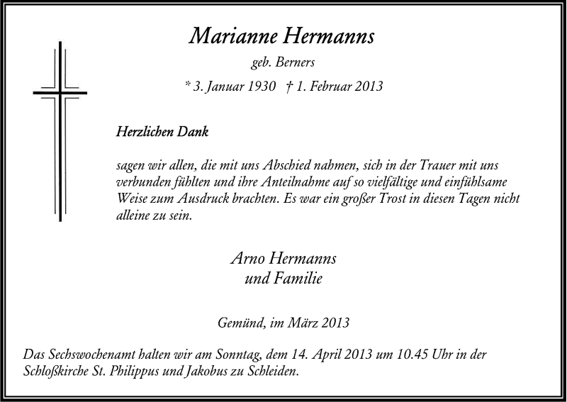  Traueranzeige für Marianne Hermanns vom 23.03.2013 aus Kölner Stadt-Anzeiger / Kölnische Rundschau / Express