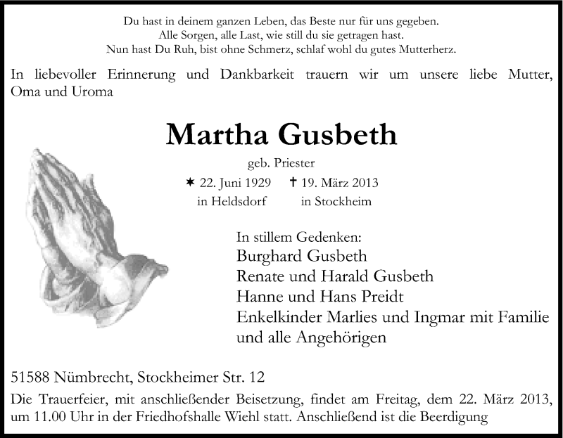  Traueranzeige für Martha Gusbeth vom 21.03.2013 aus Kölner Stadt-Anzeiger / Kölnische Rundschau / Express