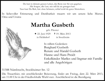 Anzeige von Martha Gusbeth von Kölner Stadt-Anzeiger / Kölnische Rundschau / Express