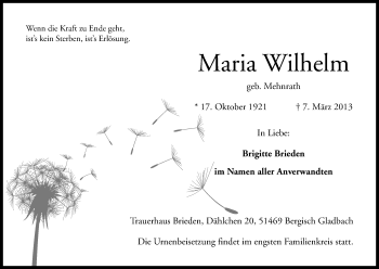 Anzeige von Maria Wilhelm von Kölner Stadt-Anzeiger / Kölnische Rundschau / Express