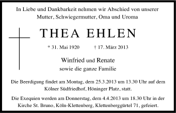 Anzeige von Thea Ehlen von Kölner Stadt-Anzeiger / Kölnische Rundschau / Express