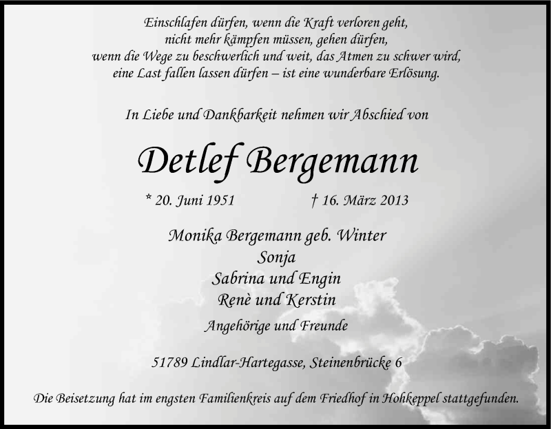  Traueranzeige für Detlef Bergemann vom 23.03.2013 aus Kölner Stadt-Anzeiger / Kölnische Rundschau / Express