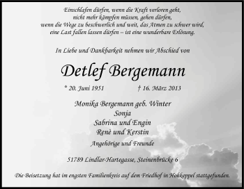 Anzeige von Detlef Bergemann von Kölner Stadt-Anzeiger / Kölnische Rundschau / Express