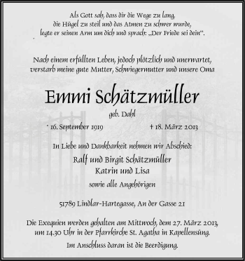 Anzeige von Emmi Schätzmüller von Kölner Stadt-Anzeiger / Kölnische Rundschau / Express