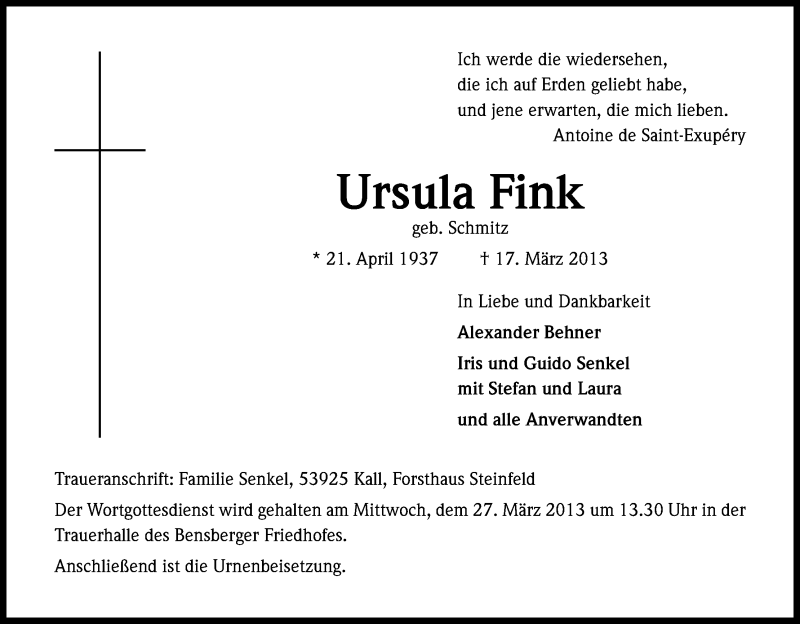  Traueranzeige für Ursula Fink vom 22.03.2013 aus Kölner Stadt-Anzeiger / Kölnische Rundschau / Express
