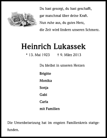 Anzeige von Heinrich Lukassek von Kölner Stadt-Anzeiger / Kölnische Rundschau / Express