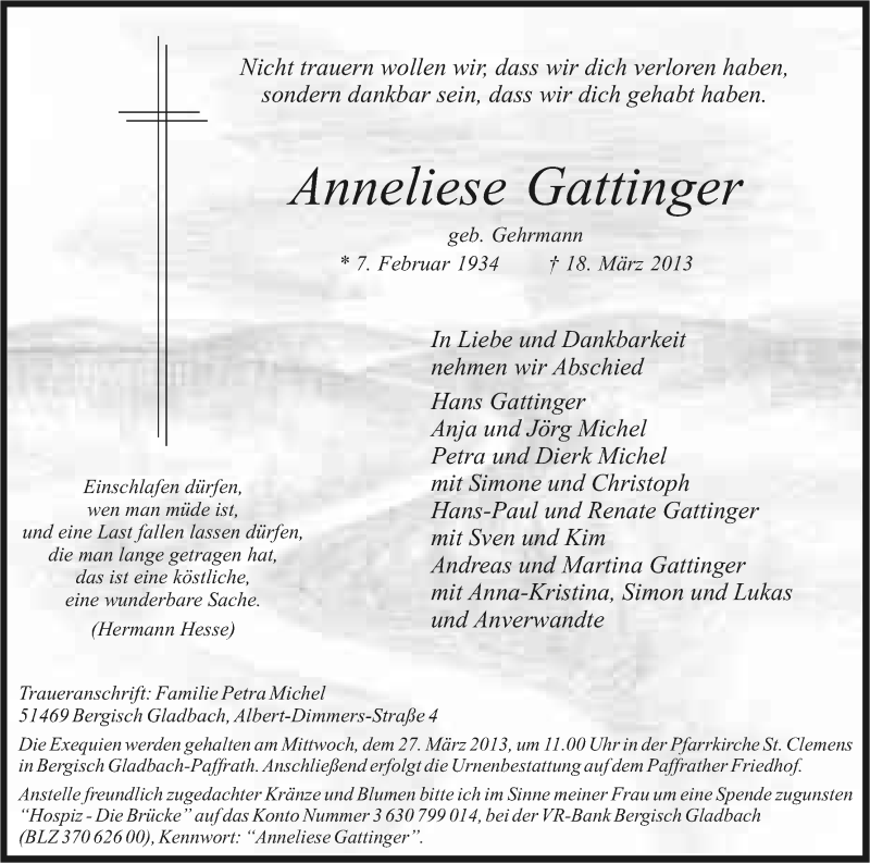  Traueranzeige für Anneliese Gattinger vom 21.03.2013 aus Kölner Stadt-Anzeiger / Kölnische Rundschau / Express