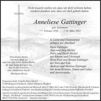 Anzeige von Anneliese Gattinger von Kölner Stadt-Anzeiger / Kölnische Rundschau / Express