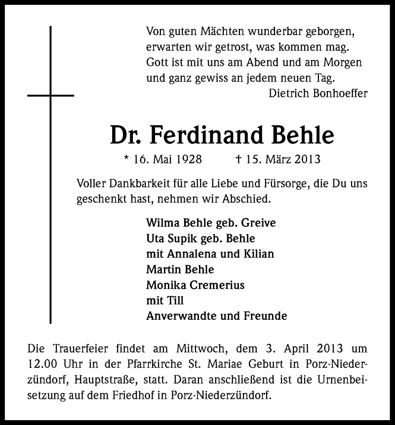  Traueranzeige für Ferdinand Behle vom 23.03.2013 aus Kölner Stadt-Anzeiger / Kölnische Rundschau / Express