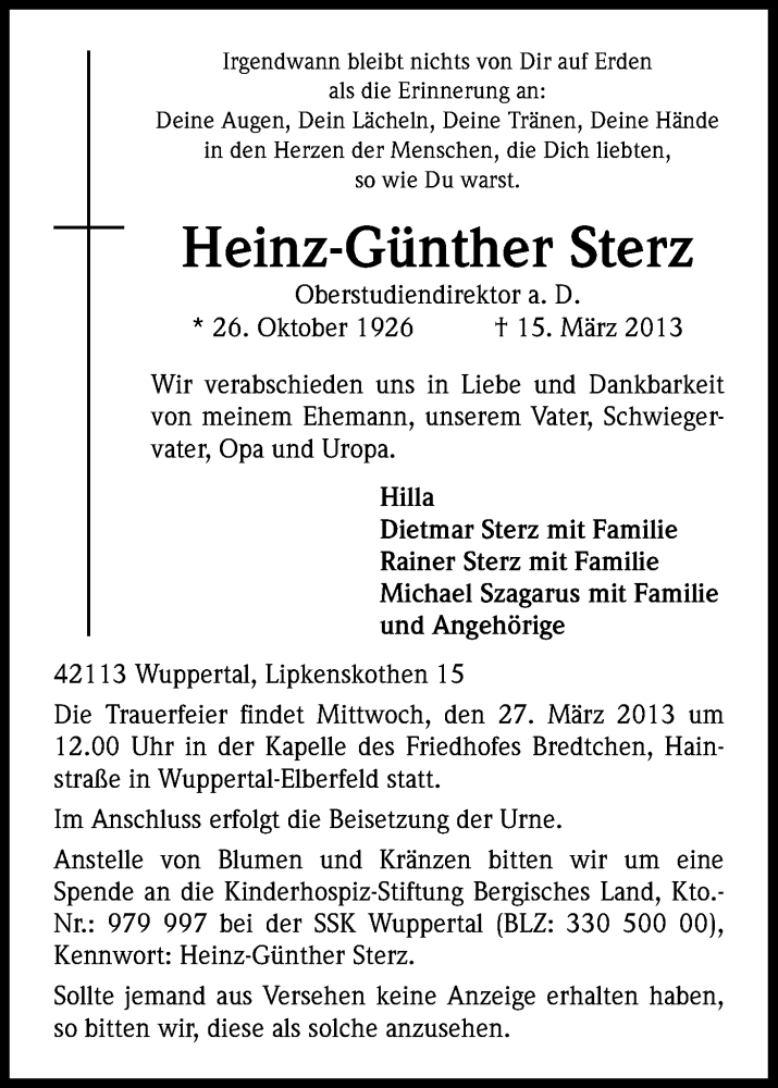  Traueranzeige für Heinz-Günther Sterz vom 23.03.2013 aus Kölner Stadt-Anzeiger / Kölnische Rundschau / Express