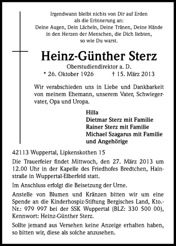 Anzeige von Heinz-Günther Sterz von Kölner Stadt-Anzeiger / Kölnische Rundschau / Express