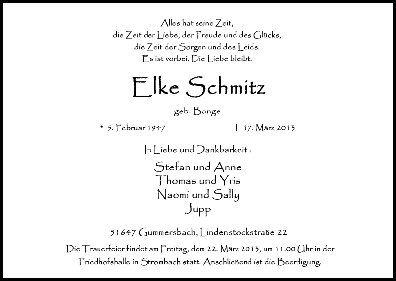  Traueranzeige für Elke Schmitz vom 21.03.2013 aus Kölner Stadt-Anzeiger / Kölnische Rundschau / Express