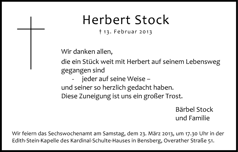  Traueranzeige für Herbert Stock vom 21.03.2013 aus Kölner Stadt-Anzeiger / Kölnische Rundschau / Express