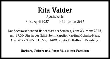 Anzeige von Rita Valder von Kölner Stadt-Anzeiger / Kölnische Rundschau / Express