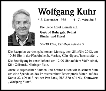 Anzeige von Wolfgang Kuhr von Kölner Stadt-Anzeiger / Kölnische Rundschau / Express