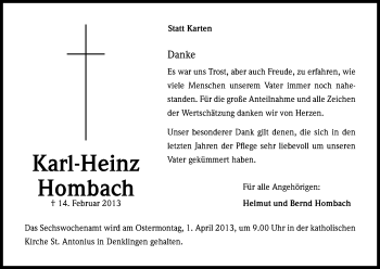Anzeige von Karl-Heinz Hombach von Kölner Stadt-Anzeiger / Kölnische Rundschau / Express