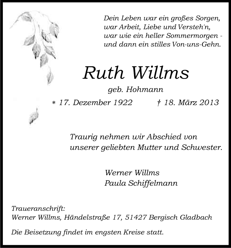  Traueranzeige für Ruth Willms vom 23.03.2013 aus Kölner Stadt-Anzeiger / Kölnische Rundschau / Express