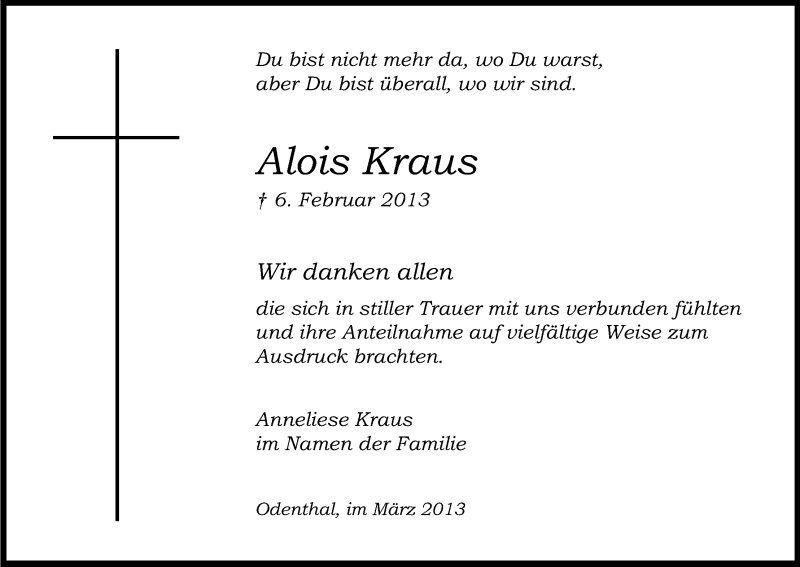  Traueranzeige für Alois Kraus vom 23.03.2013 aus Kölner Stadt-Anzeiger / Kölnische Rundschau / Express