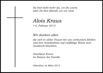 Anzeige von Alois Kraus von Kölner Stadt-Anzeiger / Kölnische Rundschau / Express