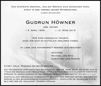 Anzeige von Gudrun Höwner von Kölner Stadt-Anzeiger / Kölnische Rundschau / Express