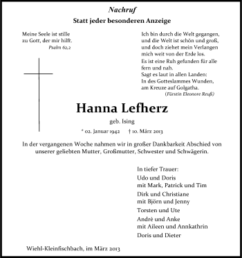 Anzeige von Hanna Lefherz von Kölner Stadt-Anzeiger / Kölnische Rundschau / Express