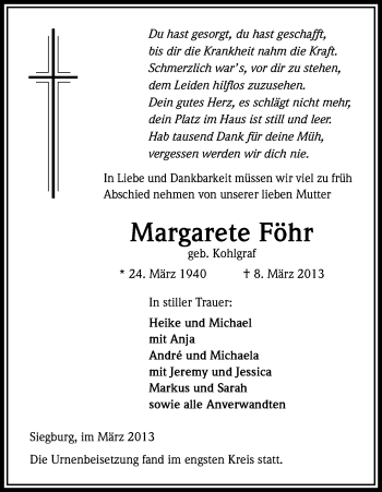 Anzeige von Margarete Föhr von Kölner Stadt-Anzeiger / Kölnische Rundschau / Express