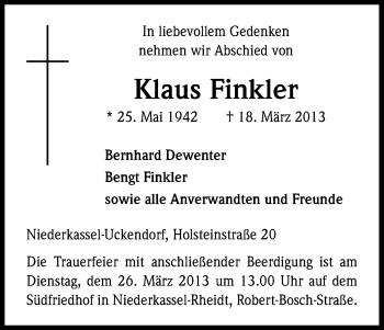 Anzeige von Klaus Finkler von Kölner Stadt-Anzeiger / Kölnische Rundschau / Express