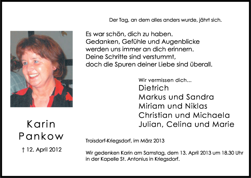  Traueranzeige für Karin Pankow vom 30.03.2013 aus Kölner Stadt-Anzeiger / Kölnische Rundschau / Express