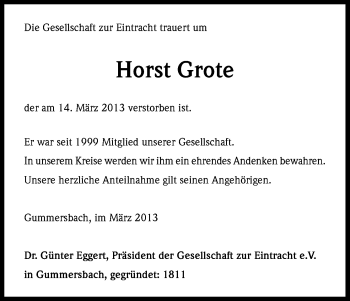Anzeige von Horst Grote von Kölner Stadt-Anzeiger / Kölnische Rundschau / Express