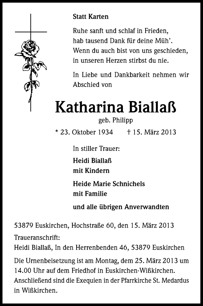  Traueranzeige für Katharina Biallaß vom 22.03.2013 aus Kölner Stadt-Anzeiger / Kölnische Rundschau / Express