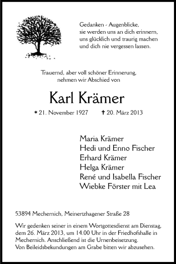 Anzeige von Karl Krämer von Kölner Stadt-Anzeiger / Kölnische Rundschau / Express