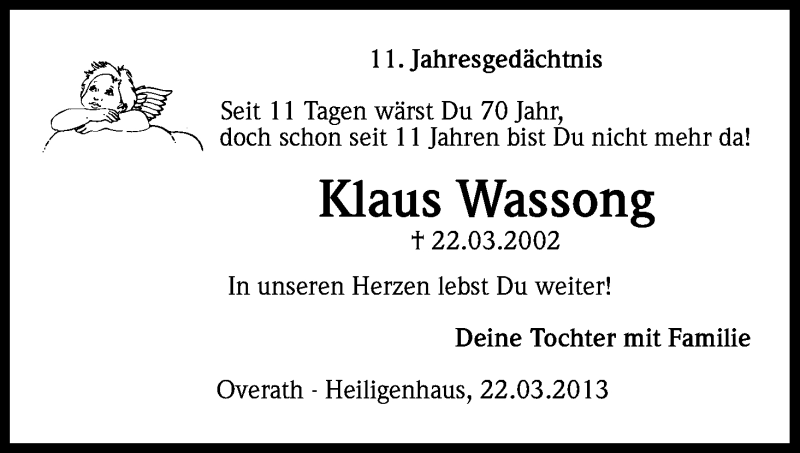  Traueranzeige für Klaus Wassong vom 23.03.2013 aus Kölner Stadt-Anzeiger / Kölnische Rundschau / Express