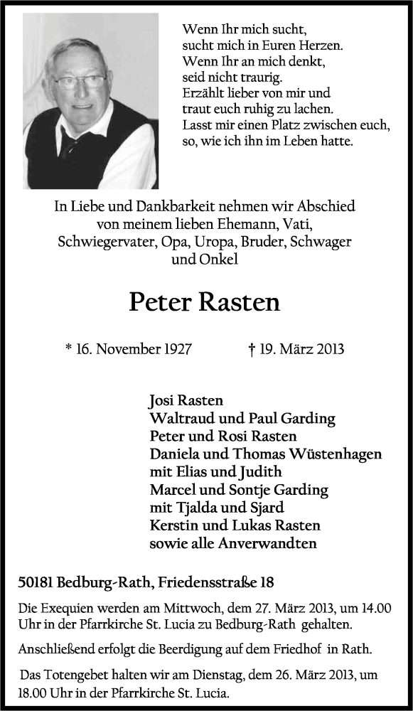  Traueranzeige für Peter Rasten vom 23.03.2013 aus Kölner Stadt-Anzeiger / Kölnische Rundschau / Express