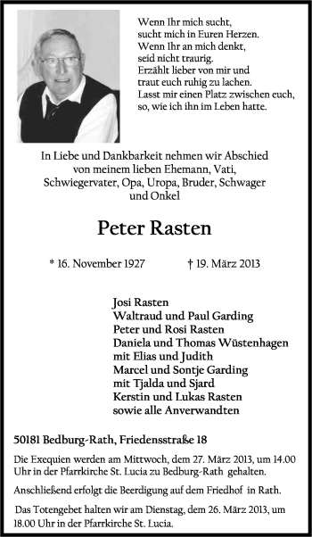 Anzeige von Peter Rasten von Kölner Stadt-Anzeiger / Kölnische Rundschau / Express