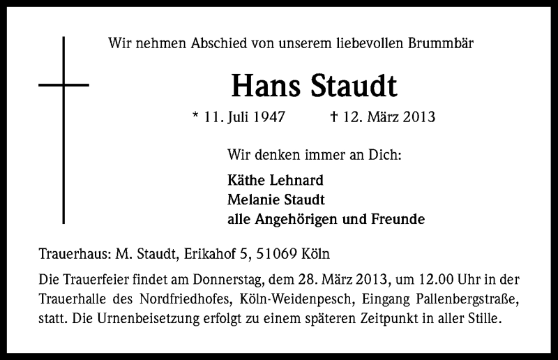  Traueranzeige für Hans Staudt vom 23.03.2013 aus Kölner Stadt-Anzeiger / Kölnische Rundschau / Express